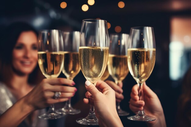 Un groupe d'amis en train de faire un toast avec des verres de champagne à la fête du Nouvel An.