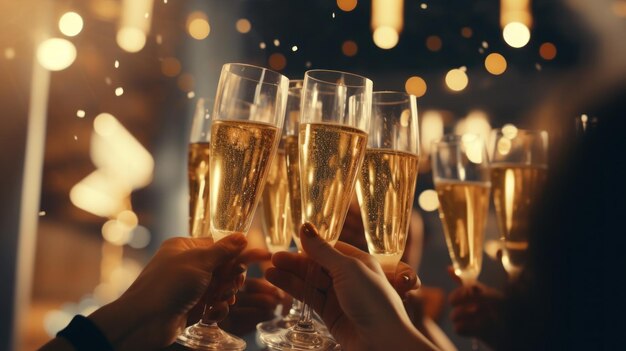 Un groupe d'amis en train de faire un toast avec des verres de champagne le soir du Nouvel An.