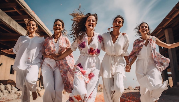 un groupe d'amis vêtus de vêtements blancs traditionnels