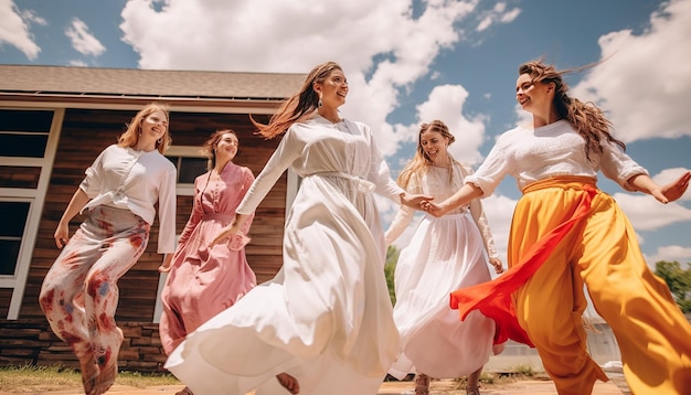 un groupe d'amis vêtus de vêtements blancs traditionnels