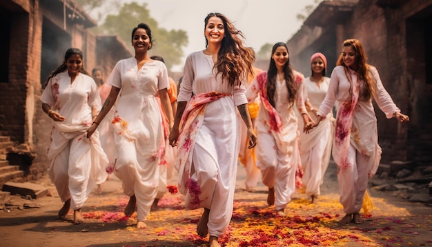 un groupe d'amis vêtus de vêtements blancs traditionnels