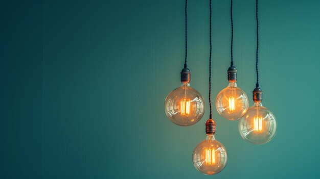 Photo un groupe d'ampoules sont accrochées à un luminaire dans une pièce avec des murs bleus