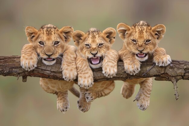 Photo un groupe d'animaux bébé lion accroché sur une branche mignon souriant adorable