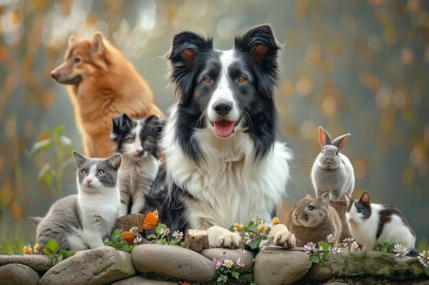 Un groupe d'animaux de compagnie posant autour d'un chien collie de frontière, d'un chat, d'une furette, d' un lapin, d' Un oiseau, d' une poisson, d'Un rongeur.