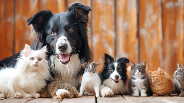 Un groupe d'animaux de compagnie posant autour d'un chien collie de frontière, d'un chat, d'une furette, d' un lapin, d' Un oiseau, d' une poisson, d'Un rongeur.