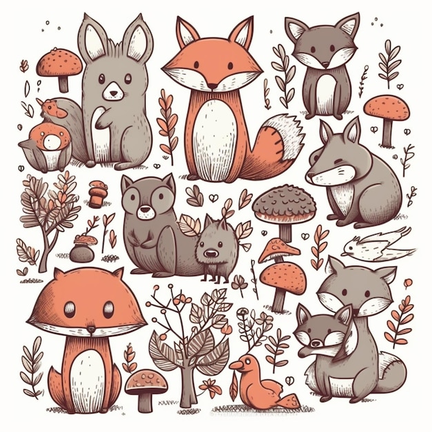 un groupe d'animaux de dessins animés dans une forêt entourée de plantes et de champignons ai générative