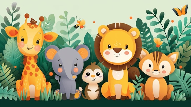 un groupe d'animaux de dessins animés dans une jungle