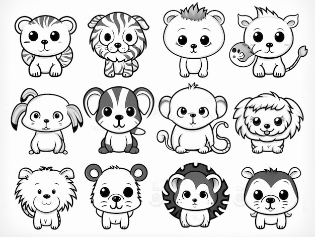 un groupe d'animaux de dessins animés avec des expressions différentes