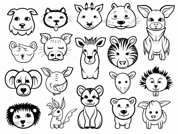 un groupe d'animaux de dessins animés avec des visages et des yeux différents