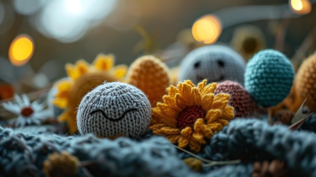 Photo un groupe d'animaux en peluche au crochet est disposé sur un lit.