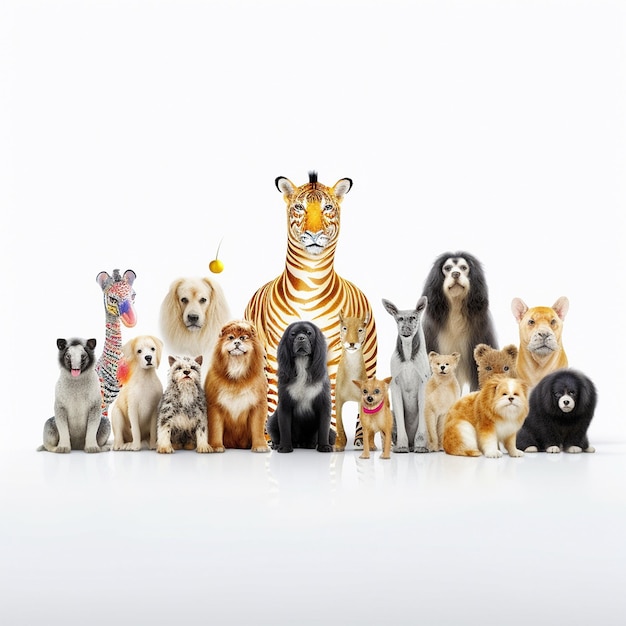 Photo un groupe d'animaux en peluche se trouve sur une table blanche.