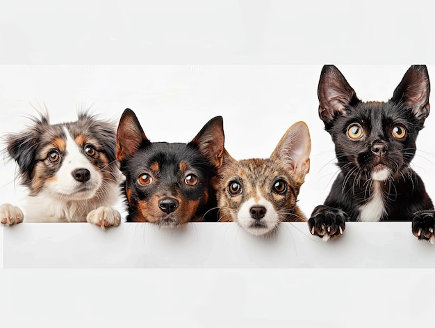 Un groupe d'animaux regardant une bannière.