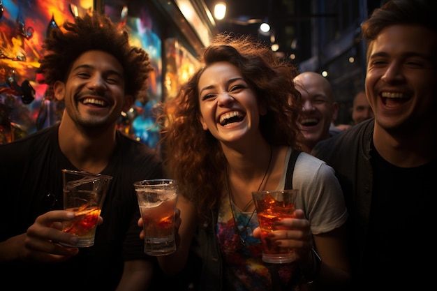 Un groupe animé de gens sourit et rit en se rassemblant autour d'un bar pour célébrer