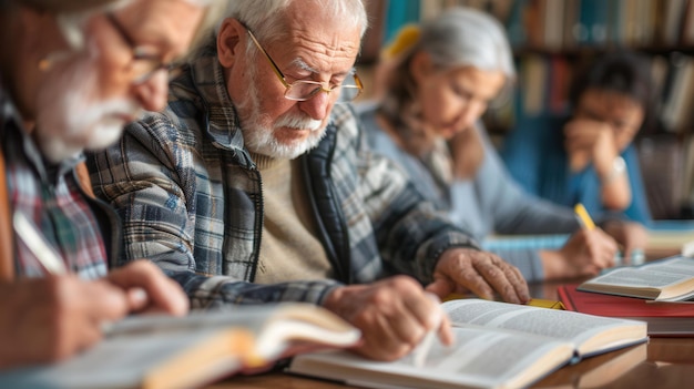 Un groupe d'apprenants âgés se concentre sur l'étude des langues étrangères à l'aide de manuels scolaires et de dictionnaires dans une atmosphère chaleureuse de bibliothèque AI générative