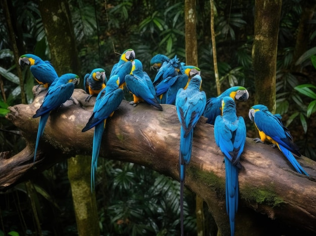 Un groupe d'aras bleus et jaunes est assis sur une branche dans la forêt.