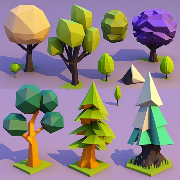 Photo un groupe d'arbres et d'arbustes polygonaux bas de différentes couleurs ia générative