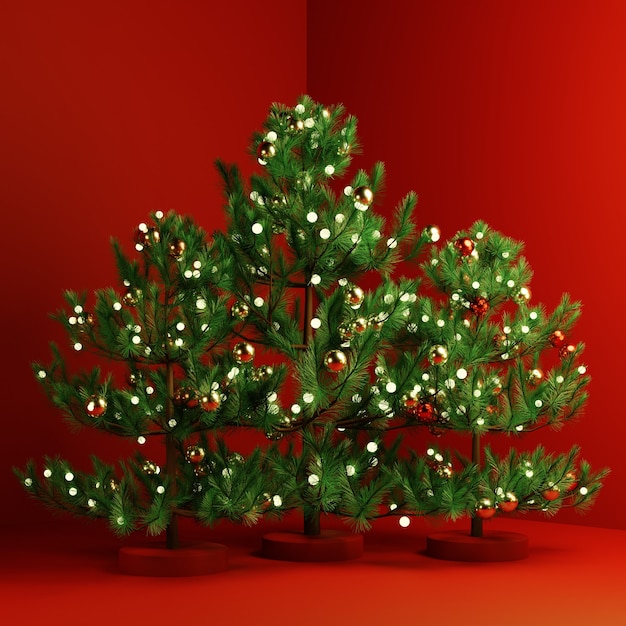 Groupe d'arbres de Noël 3D sur fond rouge