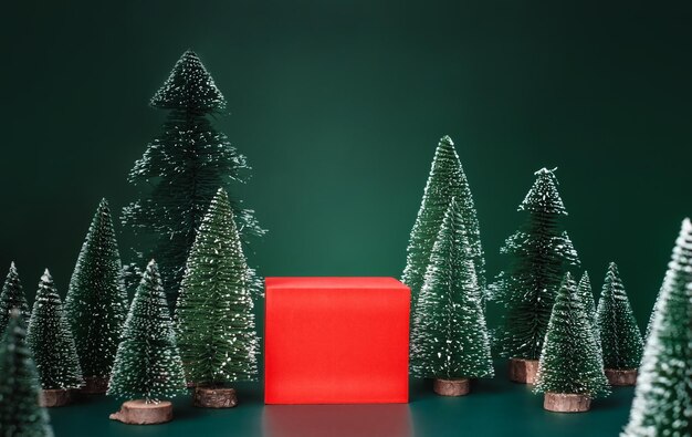 Groupe d'arbres de Noël et bloc d'affichage de produit rouge vif sur fond vert.