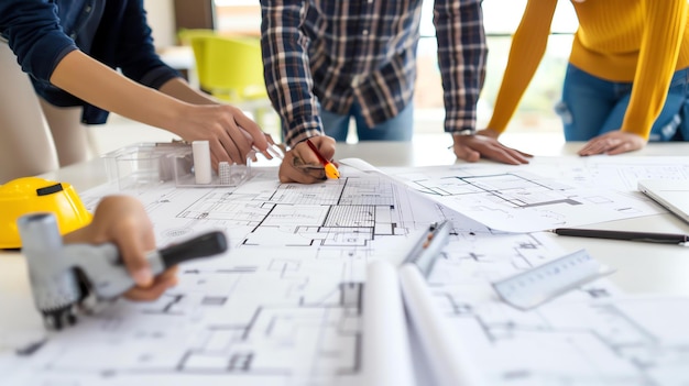 Un groupe d'architectes travaille sur un projet dans un bureau. Ils regardent les plans et discutent des plans.