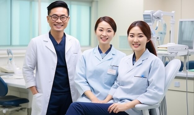 Un groupe d'asiatiques en uniforme de docteur dans une chambre d'hôpital.