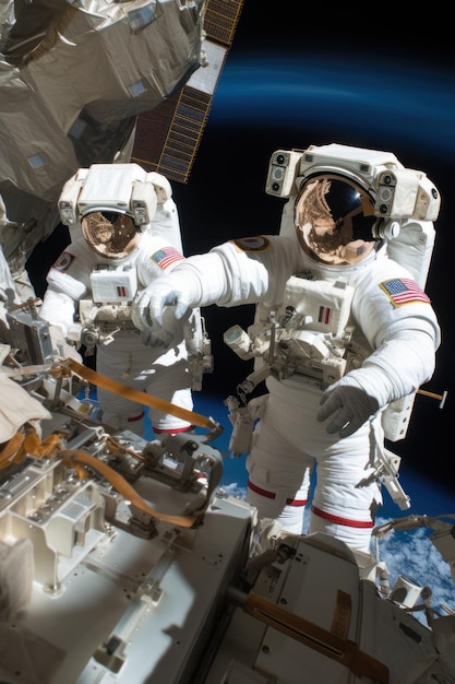 Photo un groupe d'astronautes travaillant ensemble pour réparer un vaisseau spatial.