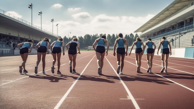 un groupe d'athlètes féminines courent sur une piste avec les mots " équipe " sur leurs chemises