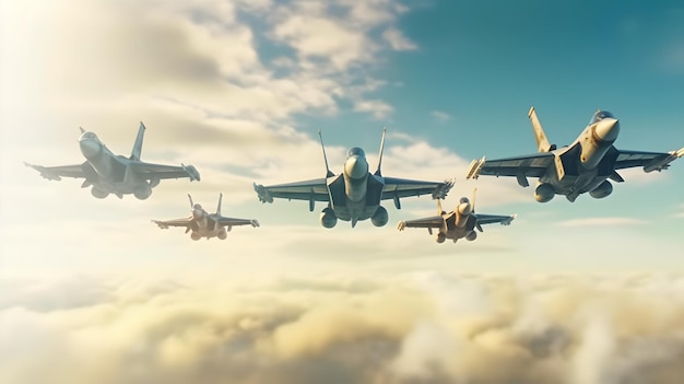 Un groupe d'avions de chasse vole en formation dans le ciel.