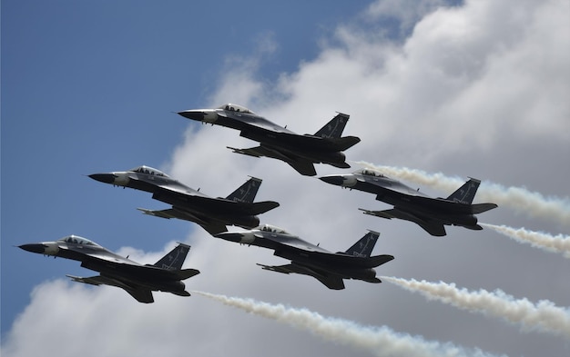 Un groupe d'avions de chasse vole en formation avec des traînées de fumée derrière eux célébrant le respect du pays