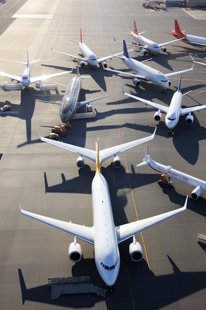 Photo groupe d'avions stationnés sur le tarmac vu sous un angle élevé