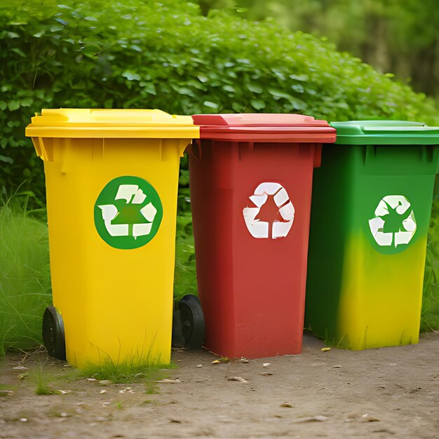 un groupe de bacs de recyclage avec un qui dit recycle