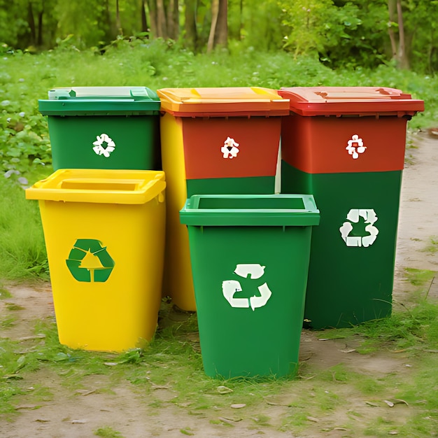 un groupe de bacs de recyclage avec un qui dit recycle