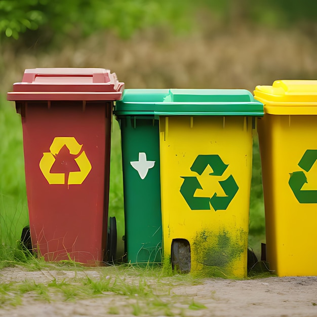 un groupe de bacs de recyclage avec un qui dit recycle