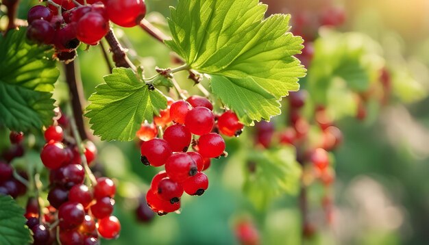 un groupe de baies rouges sont sur un buisson avec des feuilles vertes