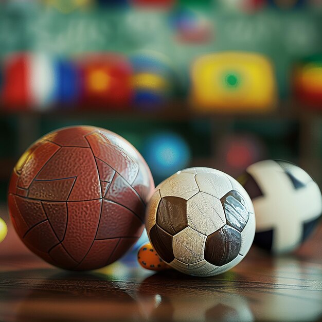 un groupe de balles de football sont alignées sur une table