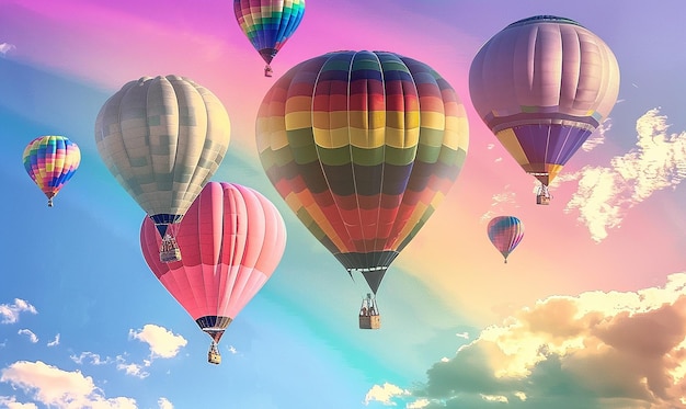 Un groupe de ballons à air chaud flottant sous un arc-en-ciel