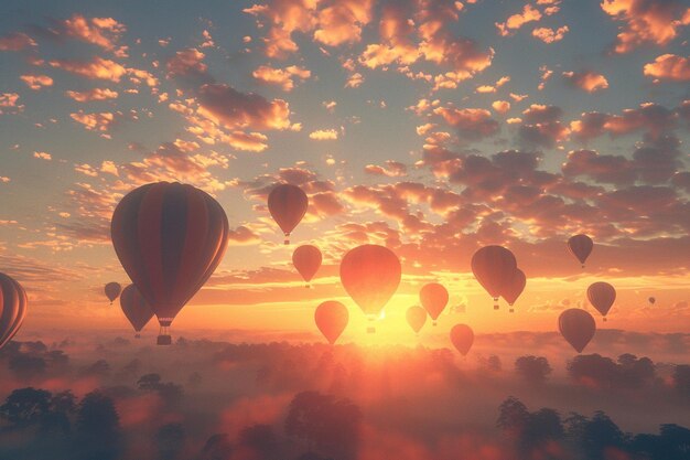 Un groupe de ballons à air chaud s'élève à l'aube