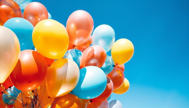 Un groupe de ballons d'anniversaire colorés flotte dans les airs