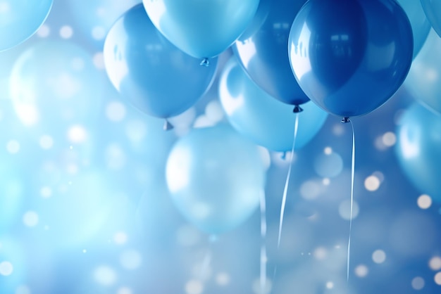 Un groupe de ballons bleus avec effet bokeh sur fond bleu