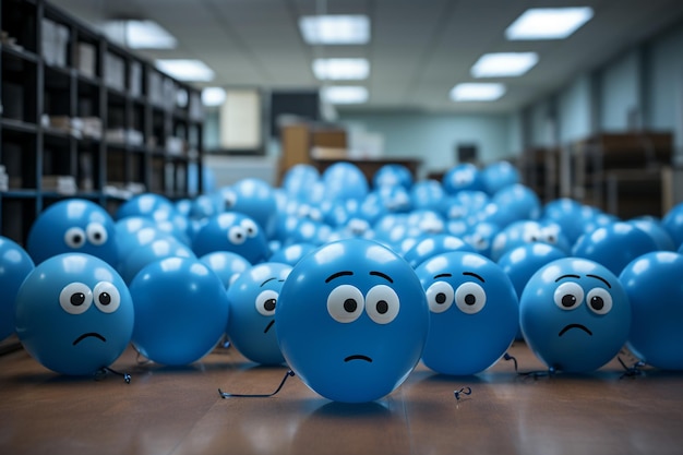 Photo groupe de ballons bleus avec un visage triste dessiné dans le bureau bleu concept blue monday photo réaliste générée par l'ia