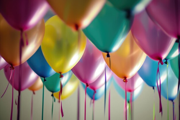 Un groupe de ballons de couleurs vives suspendus en l'air créant une atmosphère festive lors d'un événement de célébration Un groupe de balons avec des rubans flottant dans une pièce bien éclairée