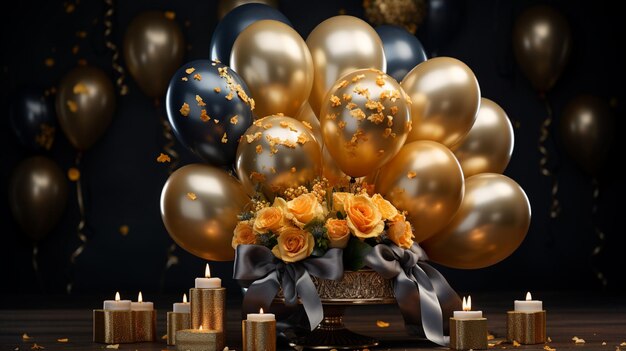 un groupe de ballons avec des décorations en or et en noir et blanc