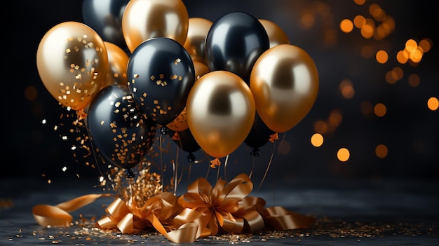 un groupe de ballons avec des décorations en or et en noir et blanc