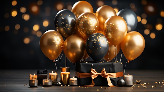 un groupe de ballons avec des décorations en or et en noir et blanc