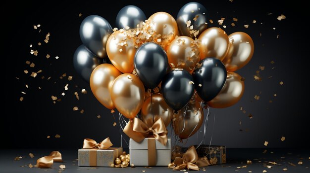 un groupe de ballons avec des décorations en or et en noir et blanc