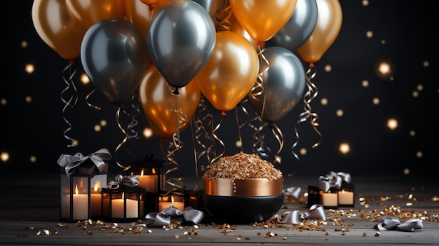 Photo un groupe de ballons avec des lettres dorées et noires et un bol de nourriture dorée