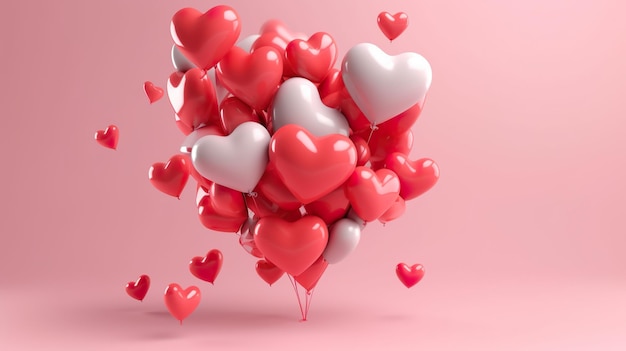 Un groupe de ballons rouges vifs disposés en forme de cœur flottant cadeau pour l'amour sur fond blanc 3D