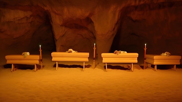 Photo un groupe de bancs se trouve dans une grotte avec des bougies dessus.