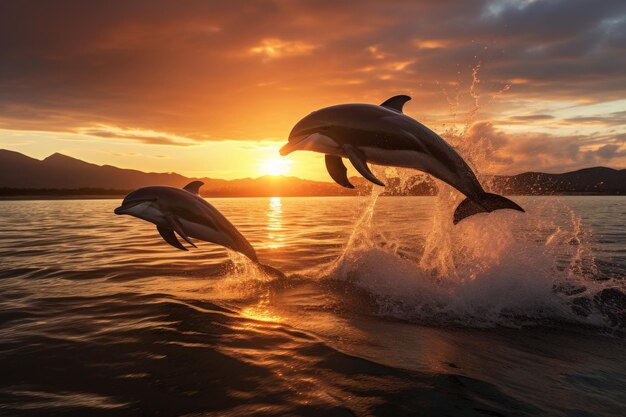 Un groupe de beaux dauphins à nez de bouteille saute de la mer au coucher du soleil