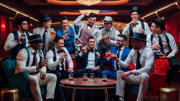 Photo un groupe de beaux hommes retro bien habillés gangsters passent du temps au club en buvant du whisky au bar