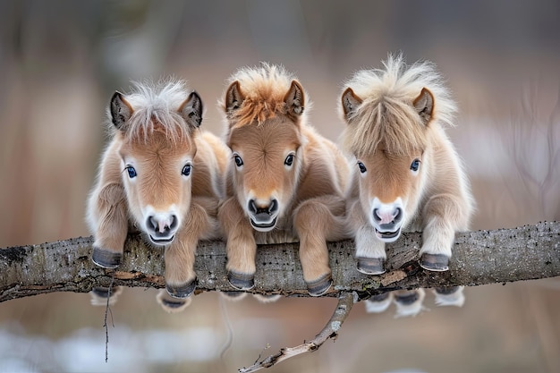 Photo groupe de bébés chevaux d'animaux accrochés à une branche mignon souriant adorable
